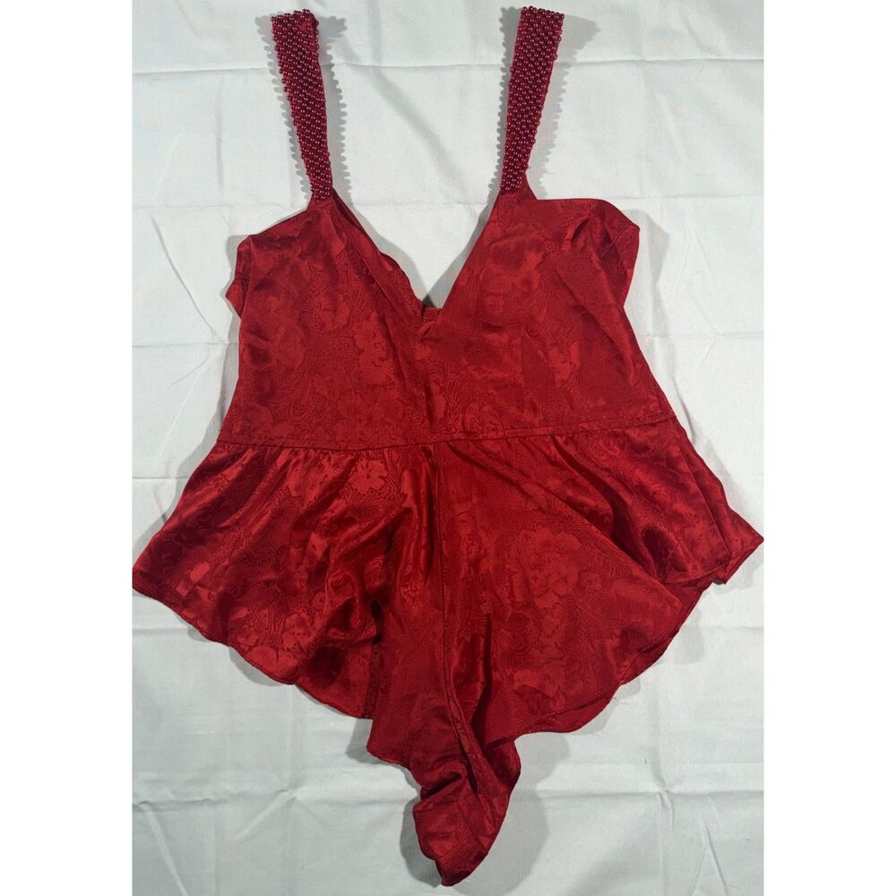 Vintage 90s Victorias Secret Gold Label Satin Jacquard Beaded Strap Teddy Romper
